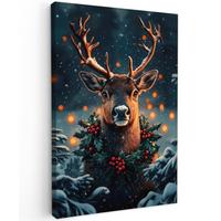 LEINWANDBILD Hirsch - Weihnachten - Winter - Schnee - Weihnachtskranz Wanddeko 40x60 cm - Dunkelbraun, Textil (40/60cm) - MuchoWow