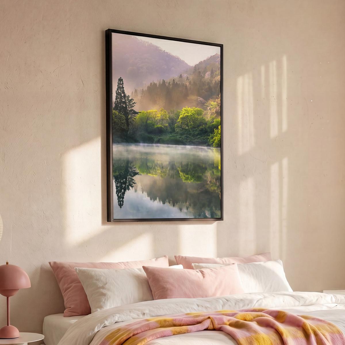 LEINWAND Bilder mit Rahmen - Natur - Bäume - Berge - See - Wasser - 100x150 - Hellgrün, Textil (100/150cm) - MuchoWow