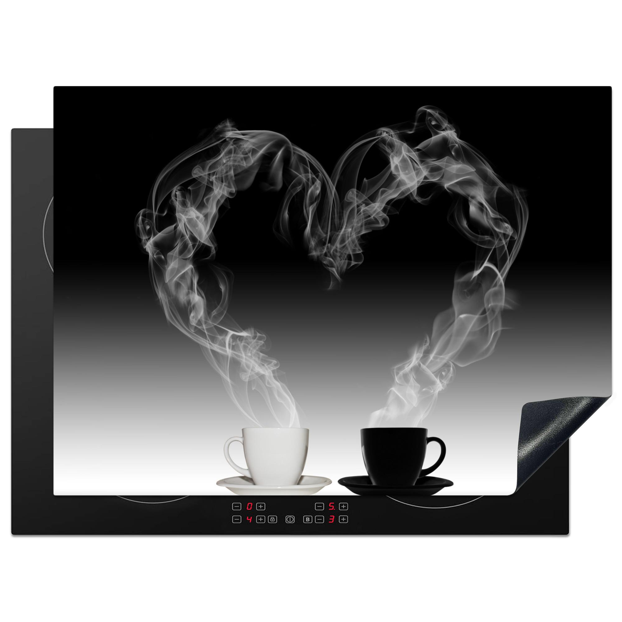 HERDABDECKPLATTE Kaffee - Herz - Schwarz und weiß - Tassen Induktionsmatte 71x52 cm - Weiß, Kunststoff (71/52/0.2cm) - MuchoWow