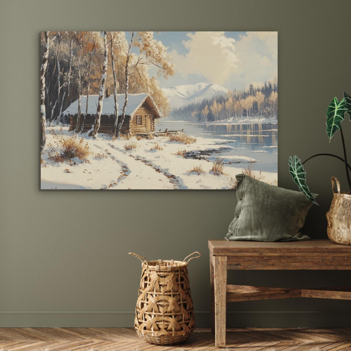 AKUSTIKBILD Winter - Schnee - Zuhause - Natur Wandbild Wohnzimmer 100x70 cm - Hellbraun, Kunststoff (100/70/0.9cm) - MuchoWow