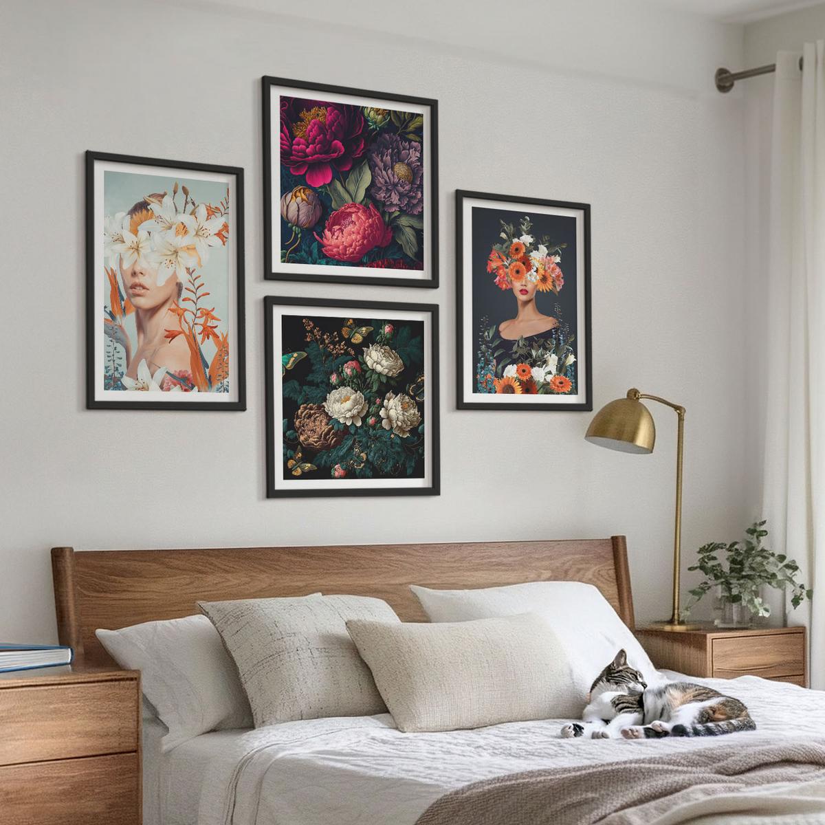 BILDER SET 4er Set - 50x50 cm & 40x60 cm Schwarzer Rahmen - Blumenporträts, Sträuße, Blätter - Schwarz, Kunststoff (50/50cm) - TULUP