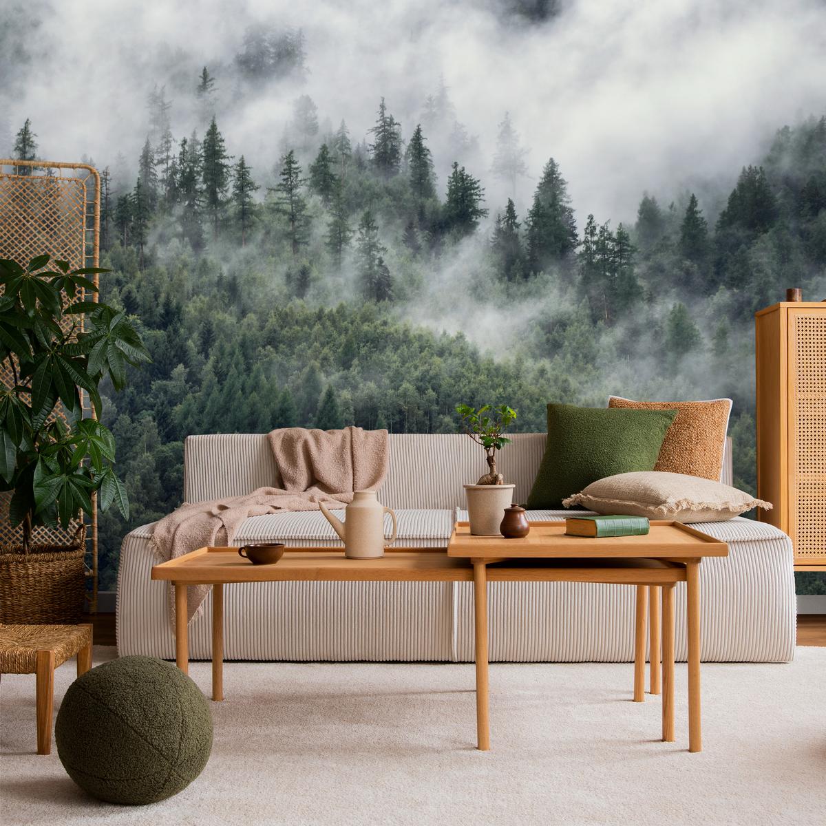 FOTOTAPETE für Schlafzimmer Morgennebel Nadelwald Bäume 350x256 - Weiß/Grau, Papier (350/256cm) - Muralo