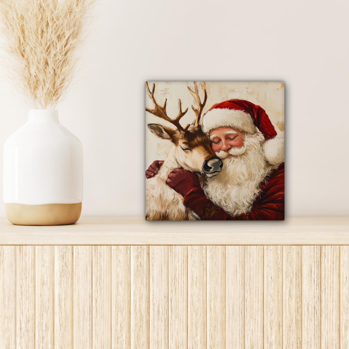 LEINWANDBILD Weihnachtsmann - Rentier - Weihnachten Deko Wohnzimmer 20x20 cm - Rotbraun, Textil (20/20cm) - MuchoWow
