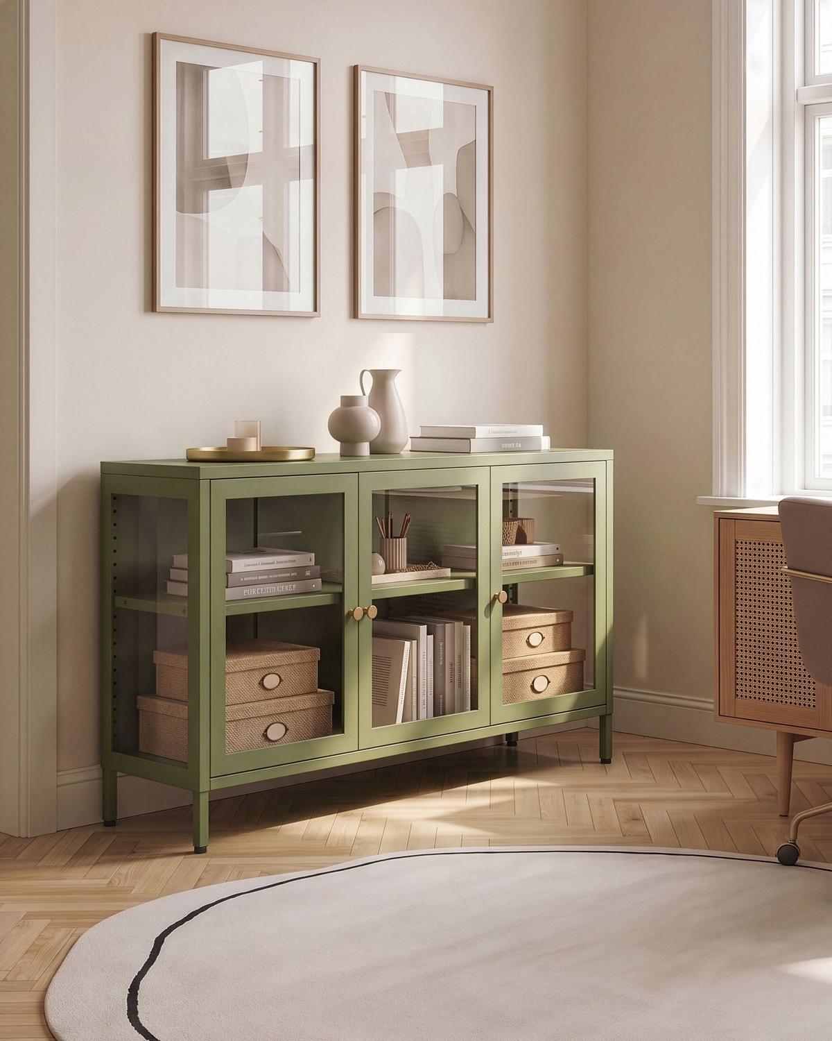 SIDEBOARD mit Glastüren Metall 115 cm Grün Newport - Goldfarben/Grün, Metall (115/64/35cm) - Beliani