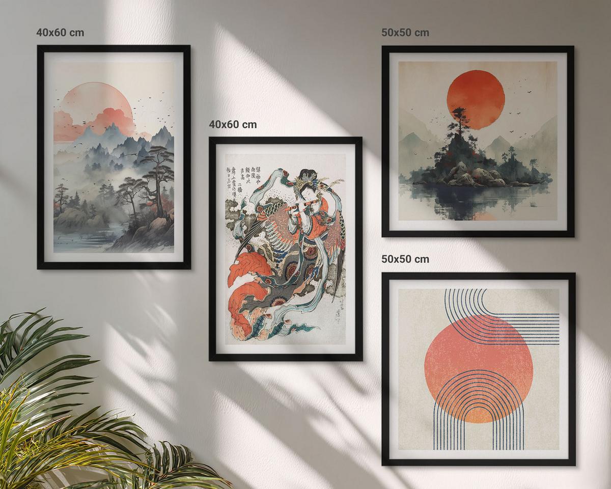 BILDER SET 4er Set - 50x50 cm & 40x60 cm Schwarzer Rahmen - Asiatische Landschaften Japandi - Schwarz, Kunststoff (50/50cm) - TULUP