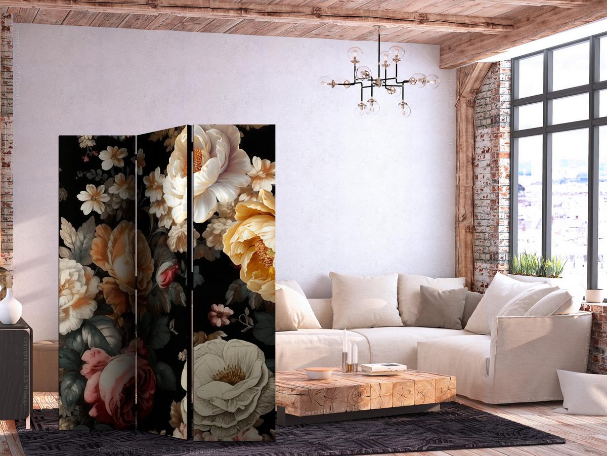 PARAVENT Beidseitig Bedruckter 3-tlg 135x172 cm Pfingstrosen Retro - Multicolor, Holz/Textil (135/172/3cm) - Muralo
