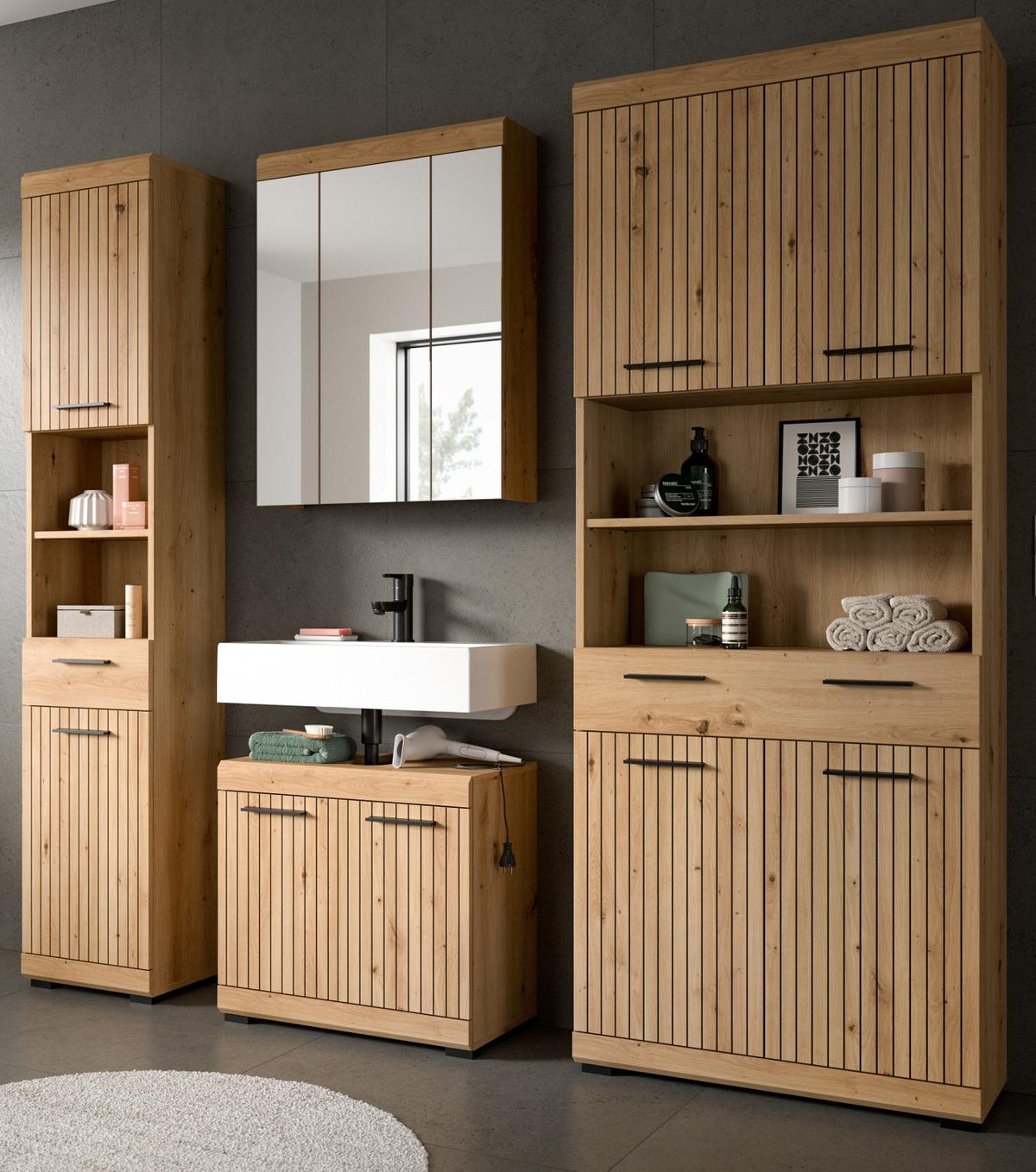 BADMÖBEL-SET Eiche Artisan 200 x 191 cm 4-teilig, Komplettset mit viel Stauraum - Schwarz/Eiche Artisan, Glas/Holzwerkstoff (201/191/34cm) - Inn.Furn