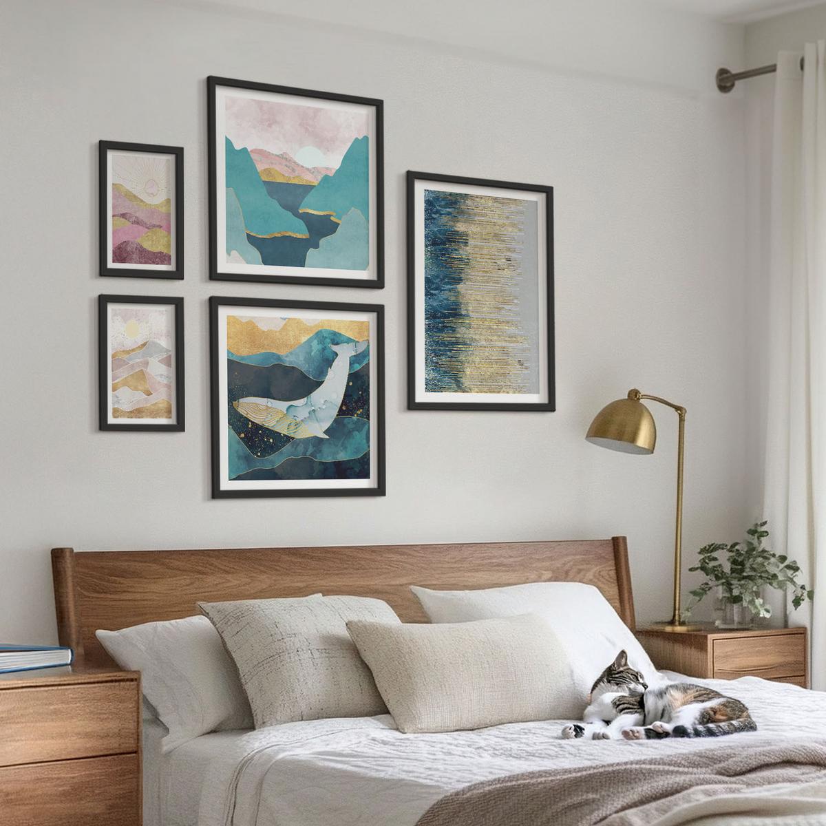 BILDER SET 5er Set - 50x50 cm & 20x30 cm & 40x60 cm Schwarzer Rahmen - Abstrakte Berge Sonne - Schwarz, Kunststoff (40/60cm) - TULUP