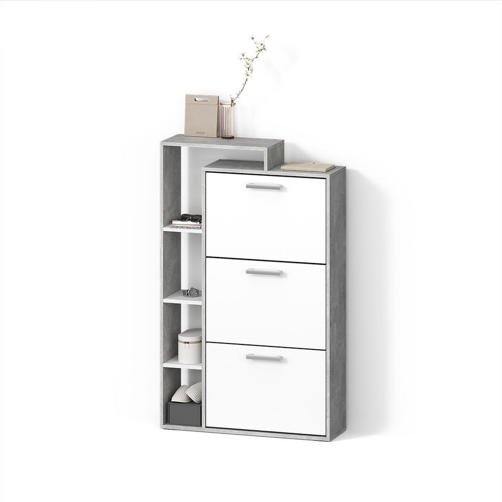 SCHUHKIPPER Ortello Weiß/Beton 80 x 128.3 cm mit 3 Fächern - Weiß/Grau, Holzwerkstoff (80/128.3/24.2cm) - Livinity®