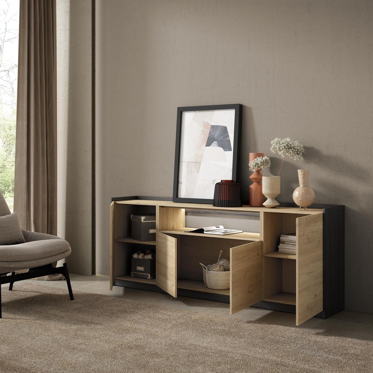 SIDEBOARD, Eiche und Schwarz, 207/37/80cm, mit Led - Eichefarben, Holzwerkstoff (207/80/37cm) - Skraut Home