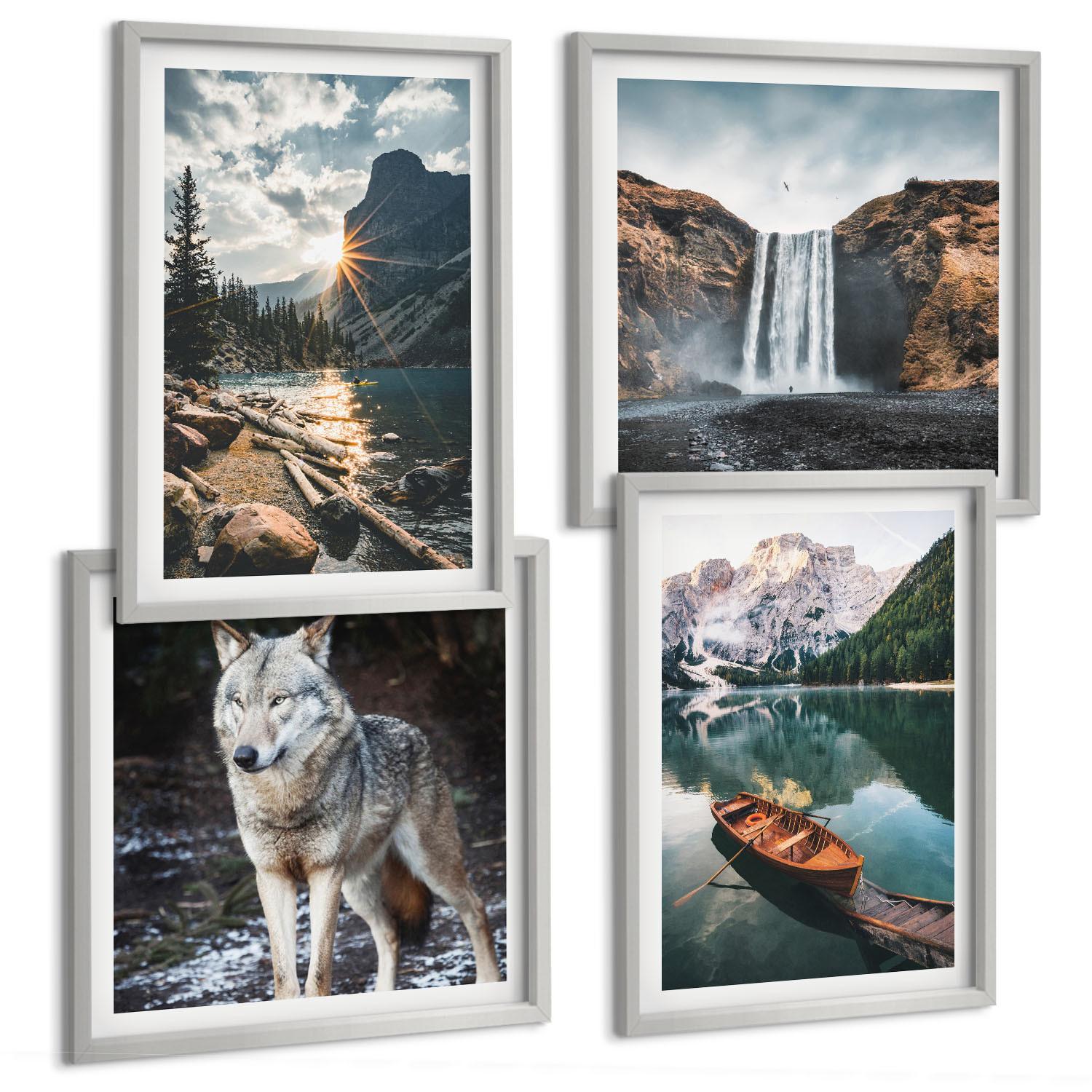 BILDER SET 4er Set - 50x50 cm & 40x60 cm Silberner Rahmen - Berge, Seen, Wasserfall, Wolf - Silberfarben, Kunststoff (50/50cm) - TULUP