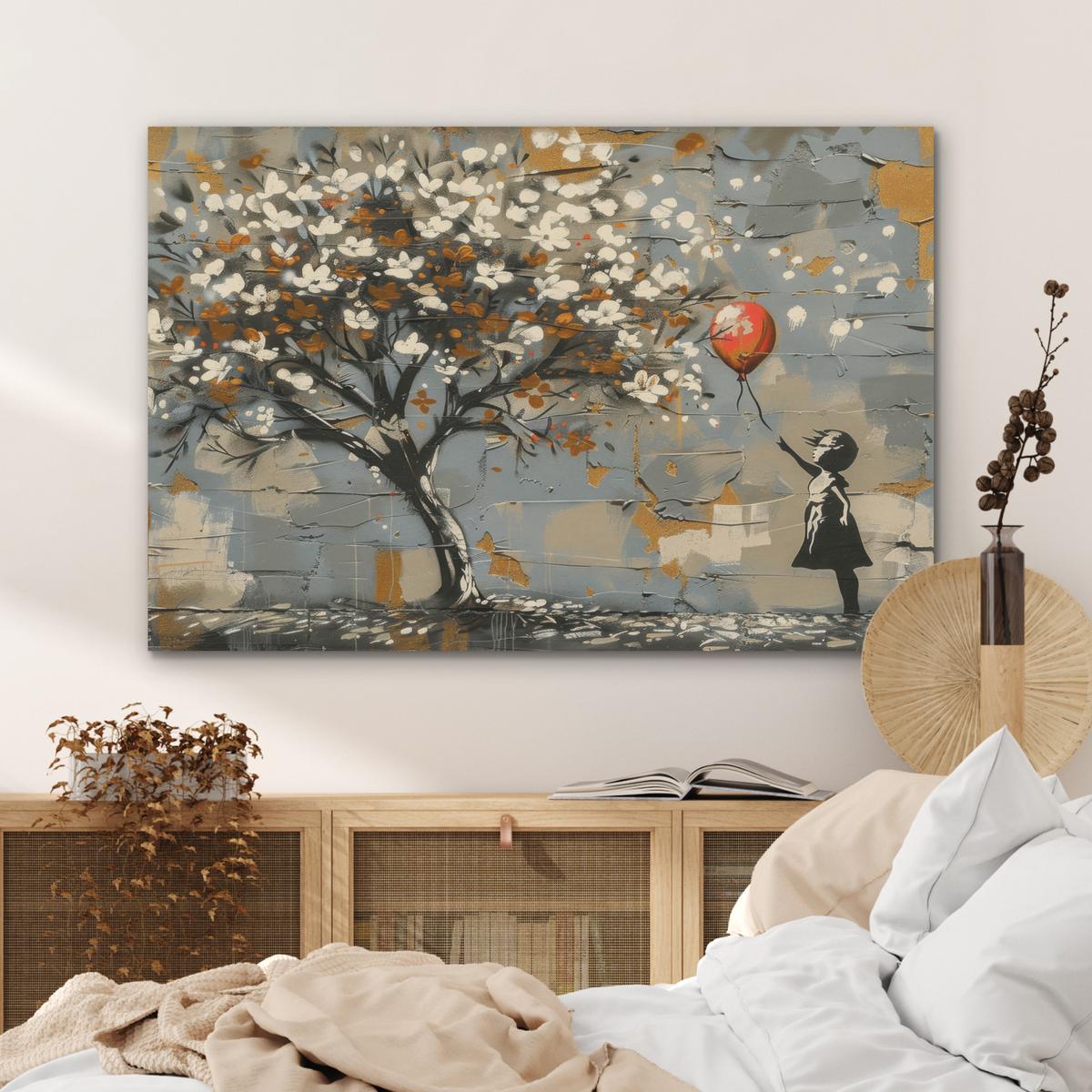 AKUSTIKBILD Baum - Graffiti - Banksy-Stil - Ballon-Mädchen Wandbild Wohnzimmer 100x70 cm - Blaugrau, Kunststoff (100/70/0.9cm) - MuchoWow