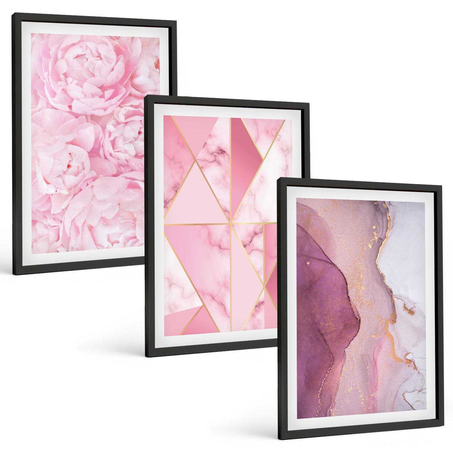 BILDER SET 3er Set - 40x60 cm Schwarzer Rahmen - Rosa geometrische Pfingstrosen - Schwarz, Kunststoff (40/60cm) - TULUP