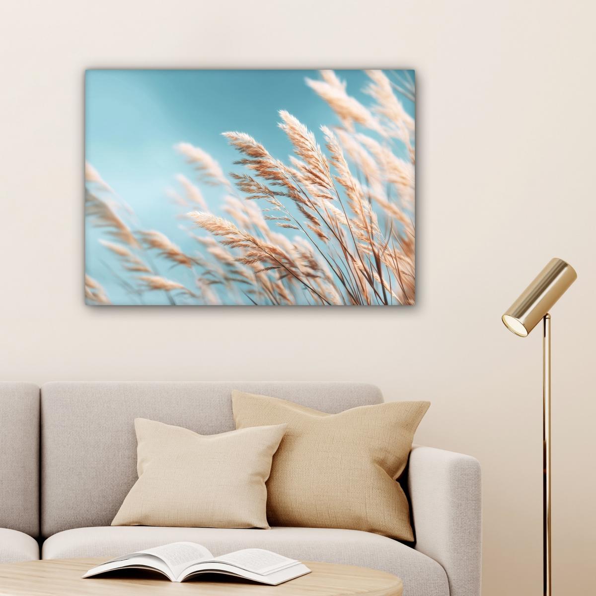 LEINWANDBILD Ziergras - Wind - Hellbraun Wandbilder 80x60 cm - Hellblau, Textil (80/60cm) - MuchoWow