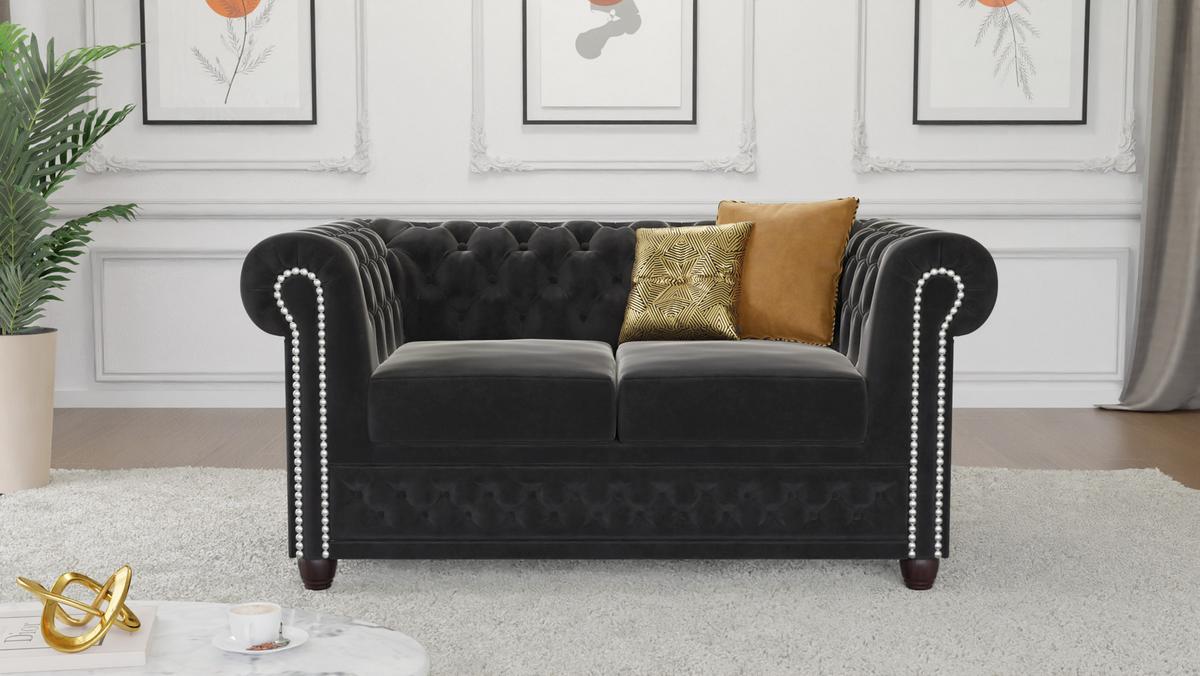 CHESTERFIELD-SOFA 2-Sitzer Nyx Schwarz Samt - Schwarz/Braun, Holz/Textil (148/72/86cm) - S-Style Möbel