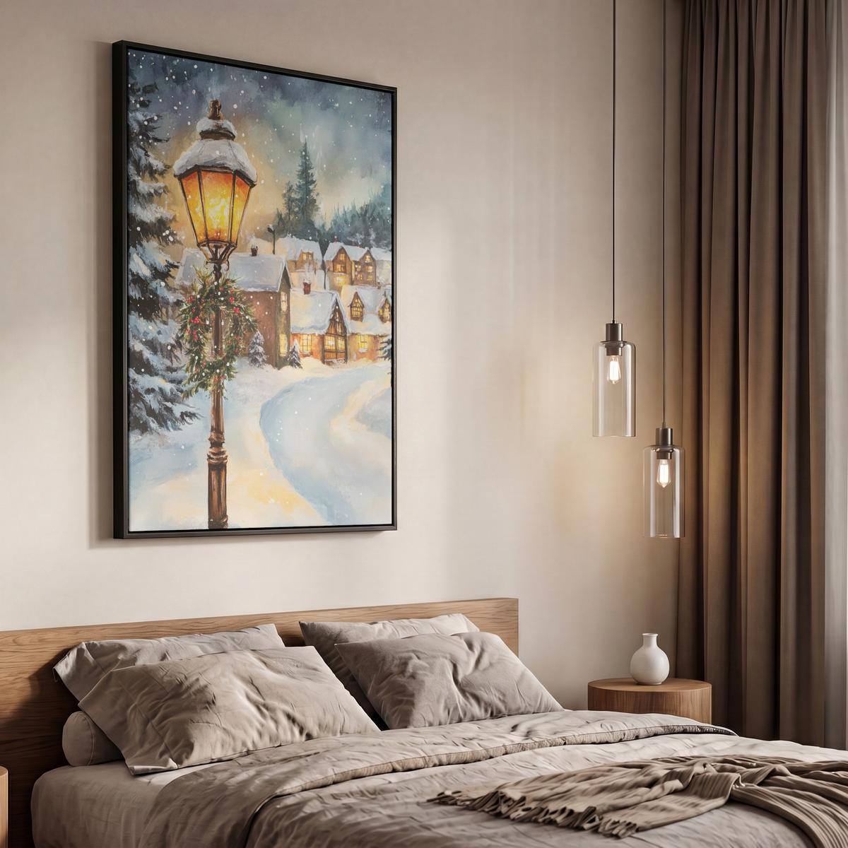 LEINWAND Bilder mit Rahmen - Weihnachtsdorf - Häuser - Schnee - Weihnachten - 60x90 - Sandfarben, Textil (60/90cm) - MuchoWow