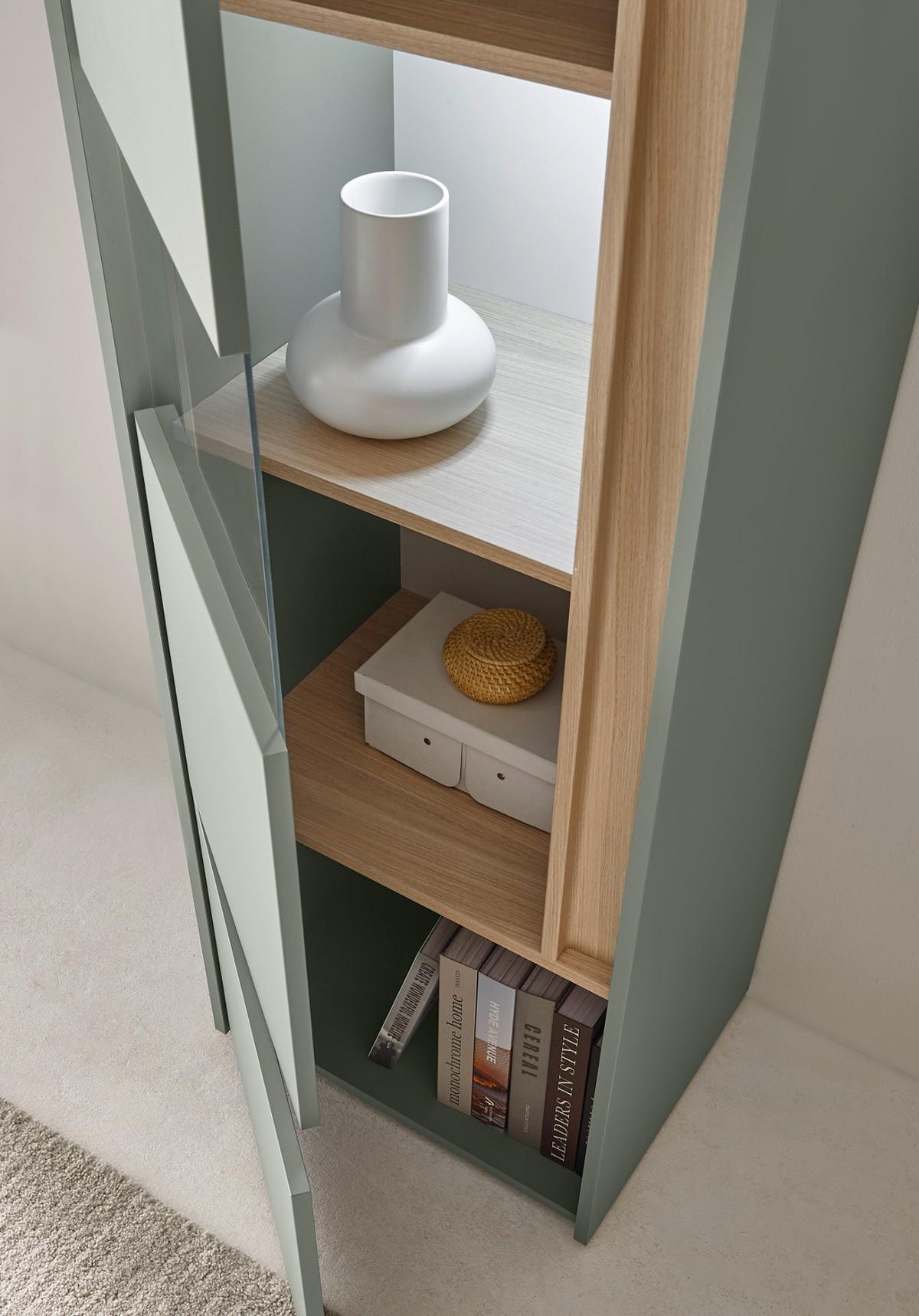 WOHNWAND Salbei grün, Eiche Barista Set 4-teilig, Wohnkombination mit XL-TV-Schrank 400 cm - Salbeigrün/Eichefarben, Glas/Holzwerkstoff (400/197/45cm) - Furn.Design