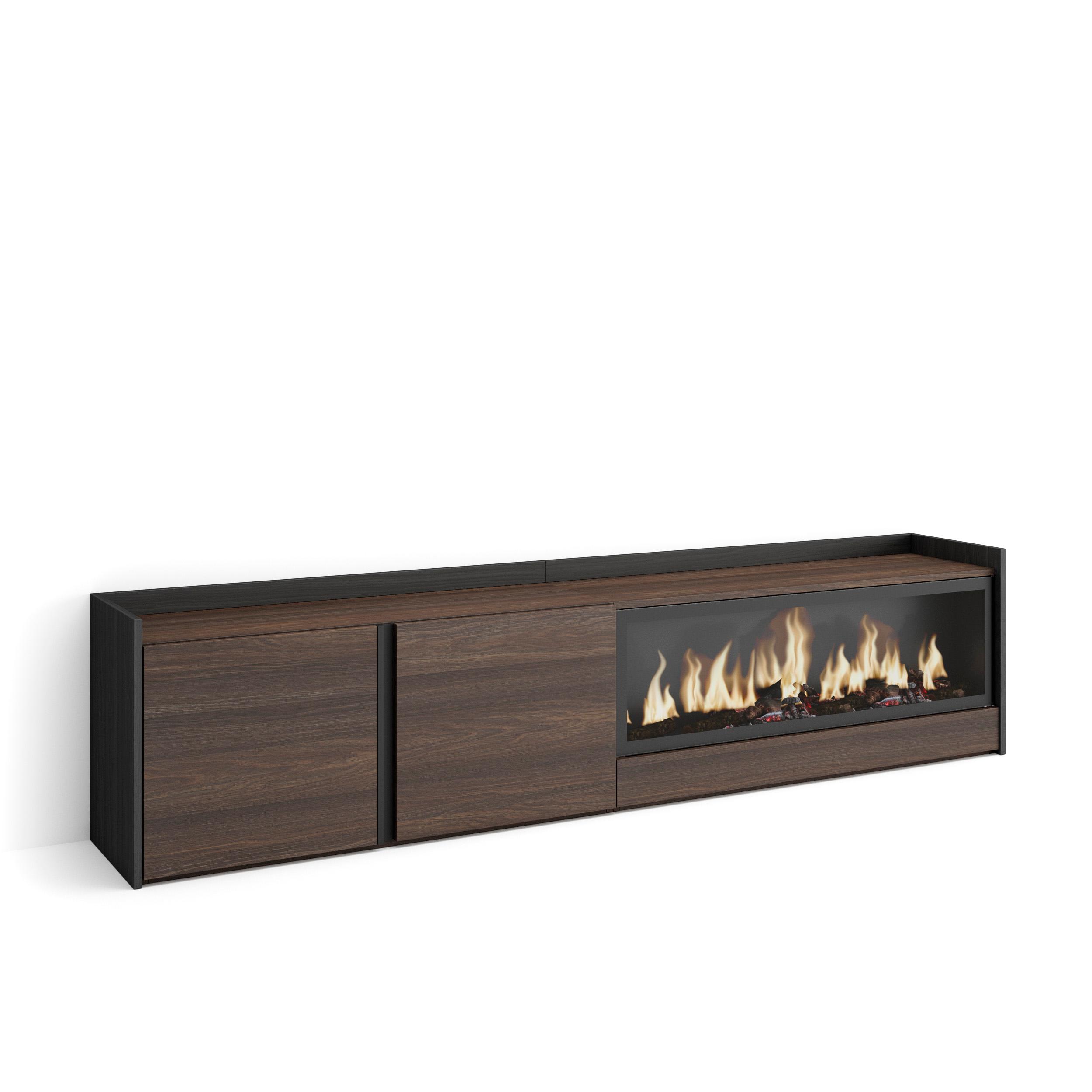 LOWBOARD, Dunkler Eiche und Schwarz, 212/35/50cm, Kamin mit Feuereffekt XXL - Dunkelbraun, Holzwerkstoff (212/50/35cm) - Skraut Home
