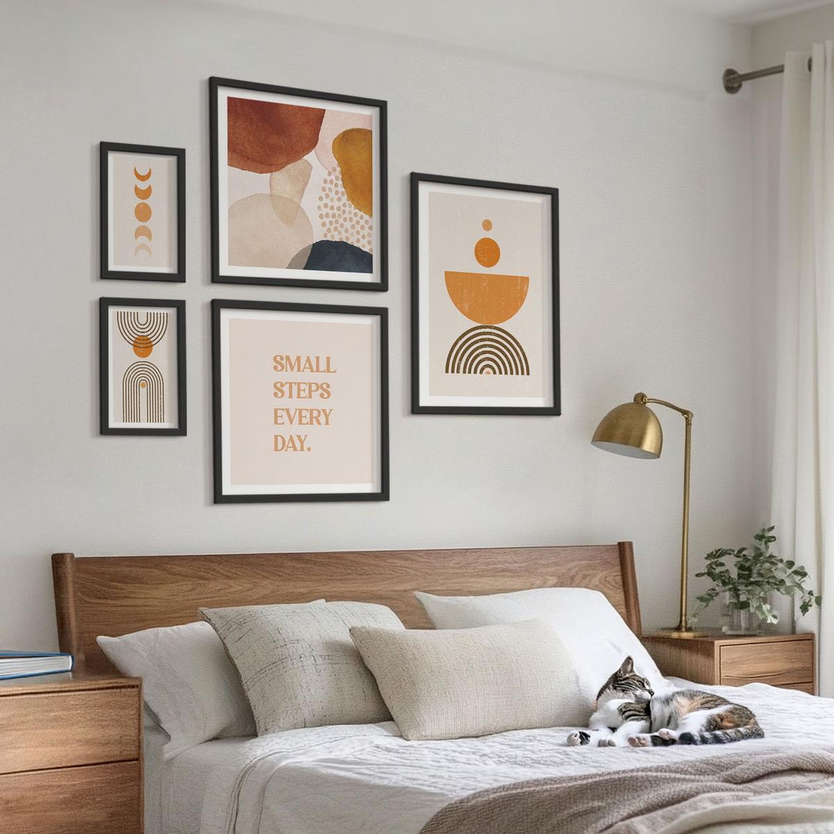 BILDER SET 5er Set - 50x50 cm & 20x30 cm & 40x60 cm Schwarzer Rahmen - Boho-minimalistische Dekorationen - Schwarz, Kunststoff (40/60cm) - TULUP