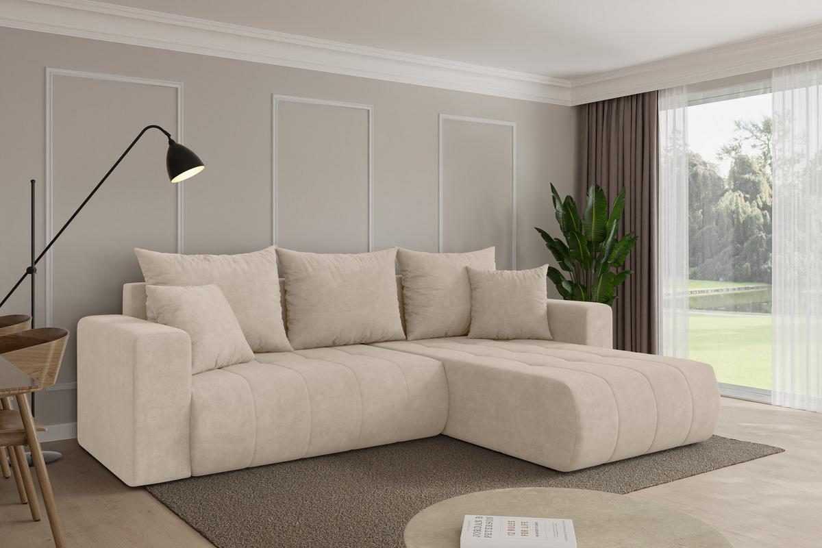 ECKSOFA mit Schlaffunktion Ottomane Rechts MILA-L 277x194x86 Beige Velours - Schwarz/Sahara, Holzwerkstoff/Kunststoff (277/194cm) - ALTDECOR