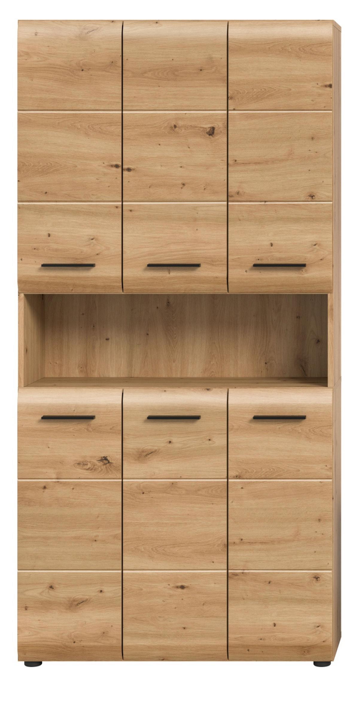 HOCHSCHRANK Eiche Artisan, Badschrank Mehrzweckschrank 6-türig 90 x 185 cm - Schwarz/Eiche Artisan, Holzwerkstoff/Kunststoff (90/185/30cm) - Inn.Furn