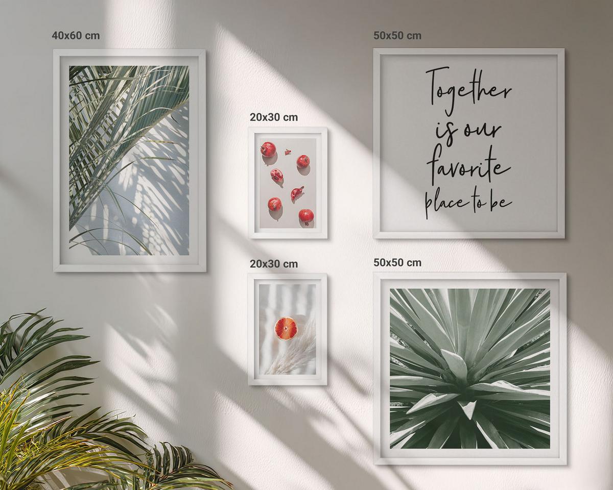 BILDER SET 5er Set - 50x50 cm & 20x30 cm & 40x60 cm Weißer Rahmen - Feiertags-Palmenfrucht-Inschrift - Weiß, Kunststoff (40/60cm) - TULUP