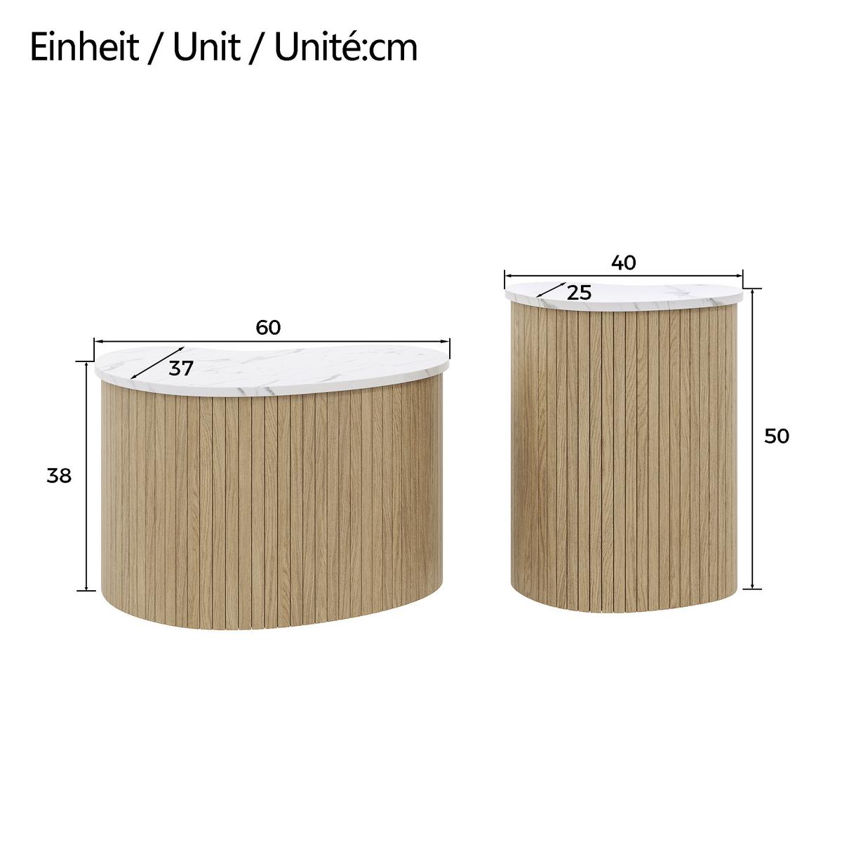 COUCHTISCH 2er Set in Marmor-Optik & Naturholz-Design - Weiß, Holzwerkstoff (37/60/38cm) - Urban Meuble