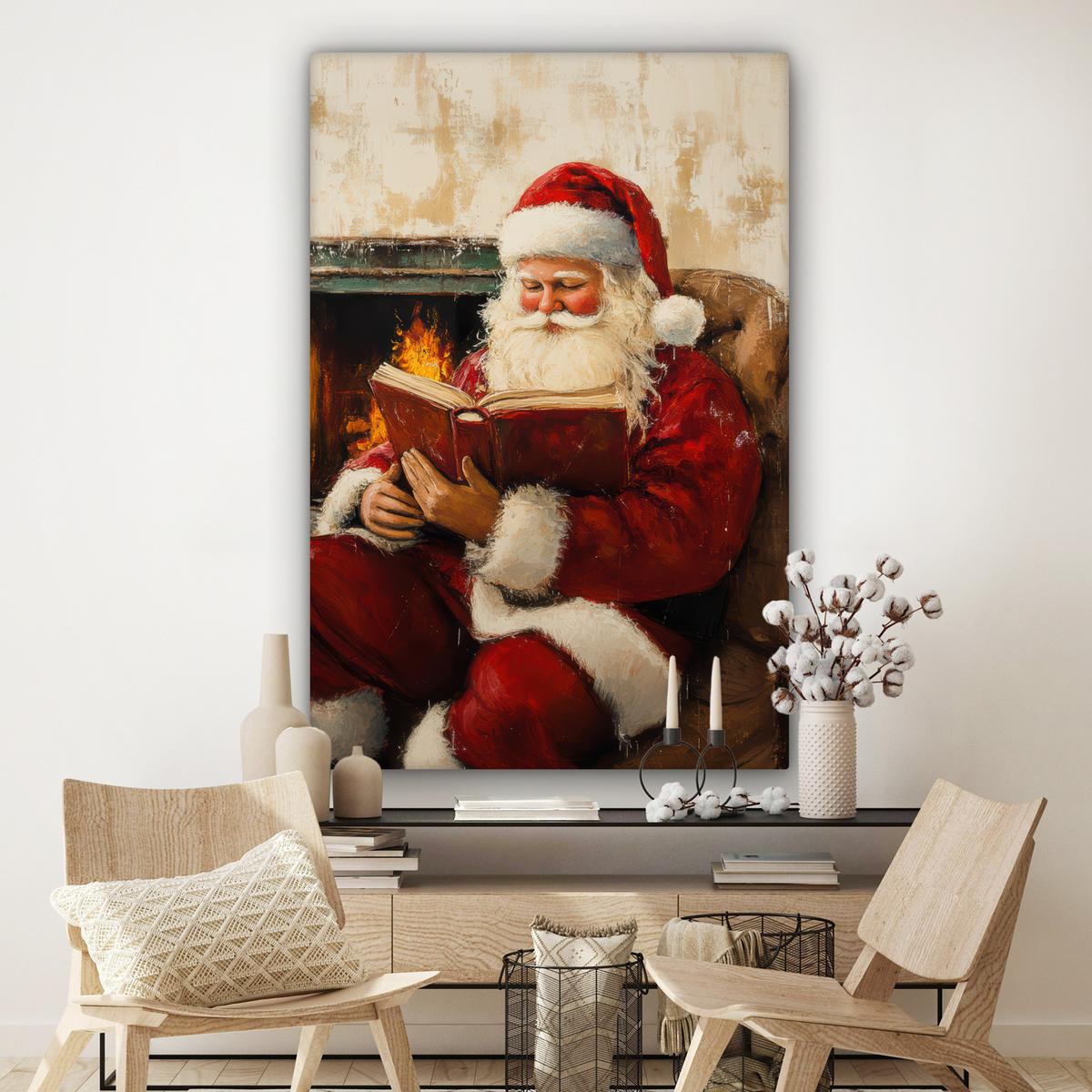 LEINWANDBILD Weihnachten - Weihnachtsmann - Winter - Open Fireside Deko Groß 90x140 cm - Dunkelrot, Textil (90/140cm) - MuchoWow