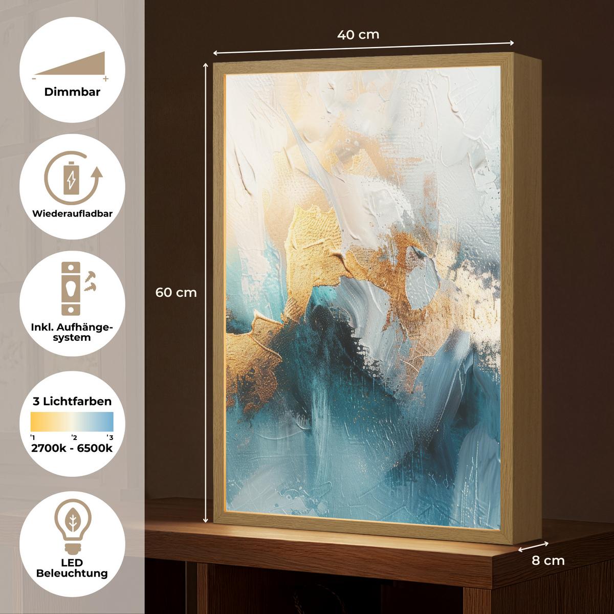 WANDLEUCHTE MIT AKKU Abstrakt - Kunst - Gold - Blau 40x60 cm - Türkis, Holzwerkstoff (40/60/8cm) - OnlyWow