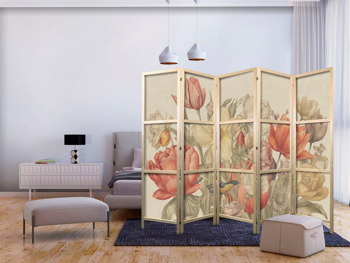 PARAVENT Japanischer 5-tlg 225x172 cm Bunte Feldblumen - Multicolor, Holz/Textil (225/172/3cm) - Muralo