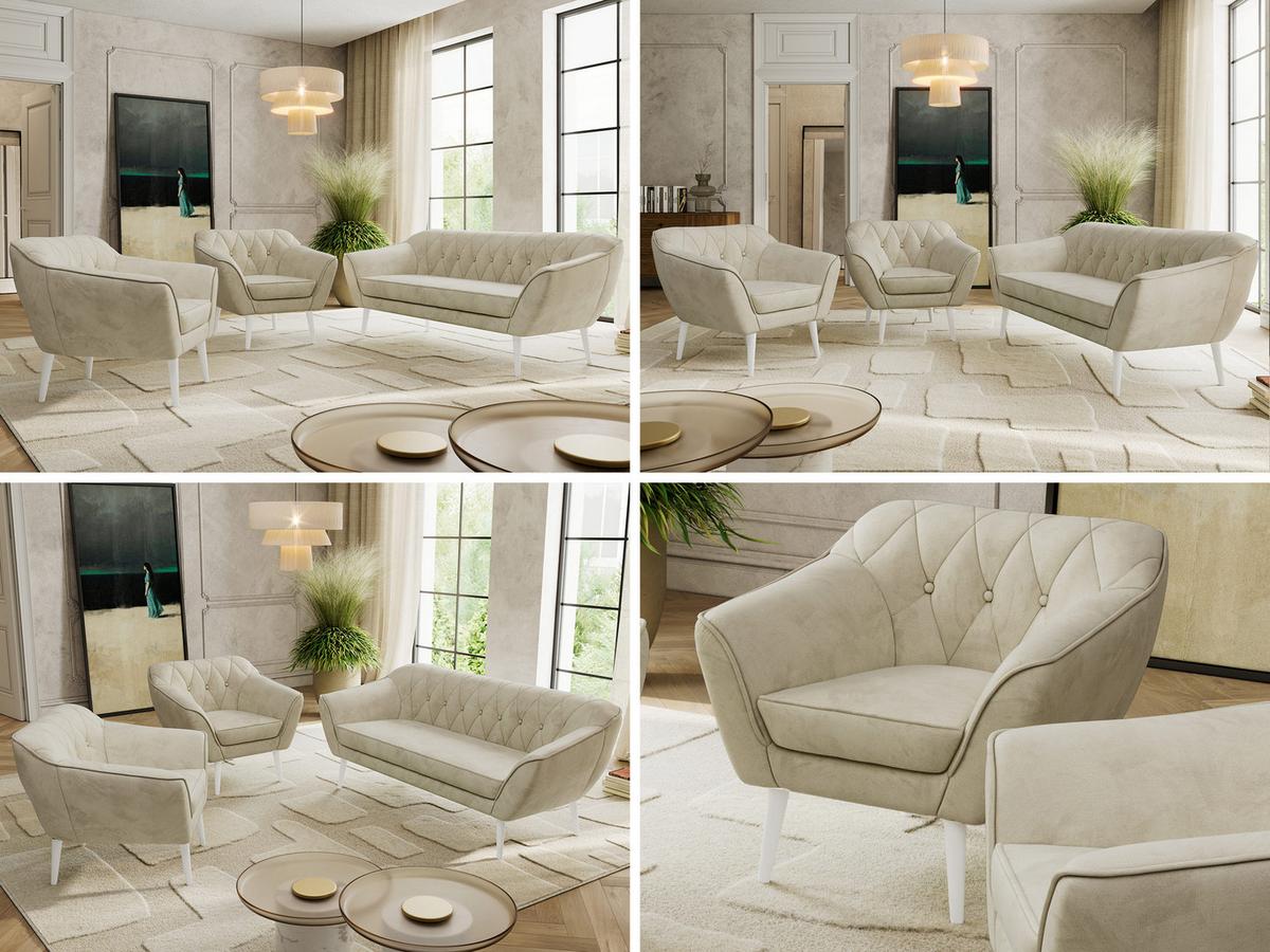SITZGARNITUR PIRS 3+1+1 - Beige Velvet - Weiße Beine - Beige/Weiß, Holzwerkstoff/Textil (180/75/74cm) - MKS