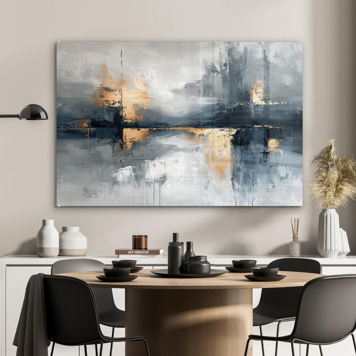 ACRYLGLASBILD Kunst - Grau - Gold - Abstrakt Wandbild Schlafzimmer 120x80 cm - Dunkelgrau, Glas (120/80cm) - MuchoWow