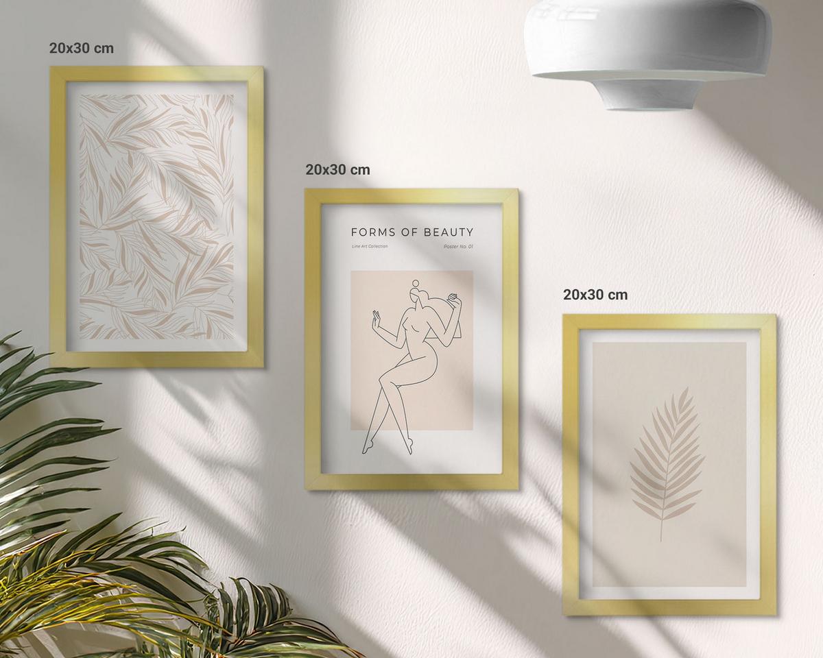 BILDER SET 3er Set - 20x30 cm Goldrahmen - Minimalistische botanische Motive - Goldfarben, Kunststoff (20/30cm) - TULUP