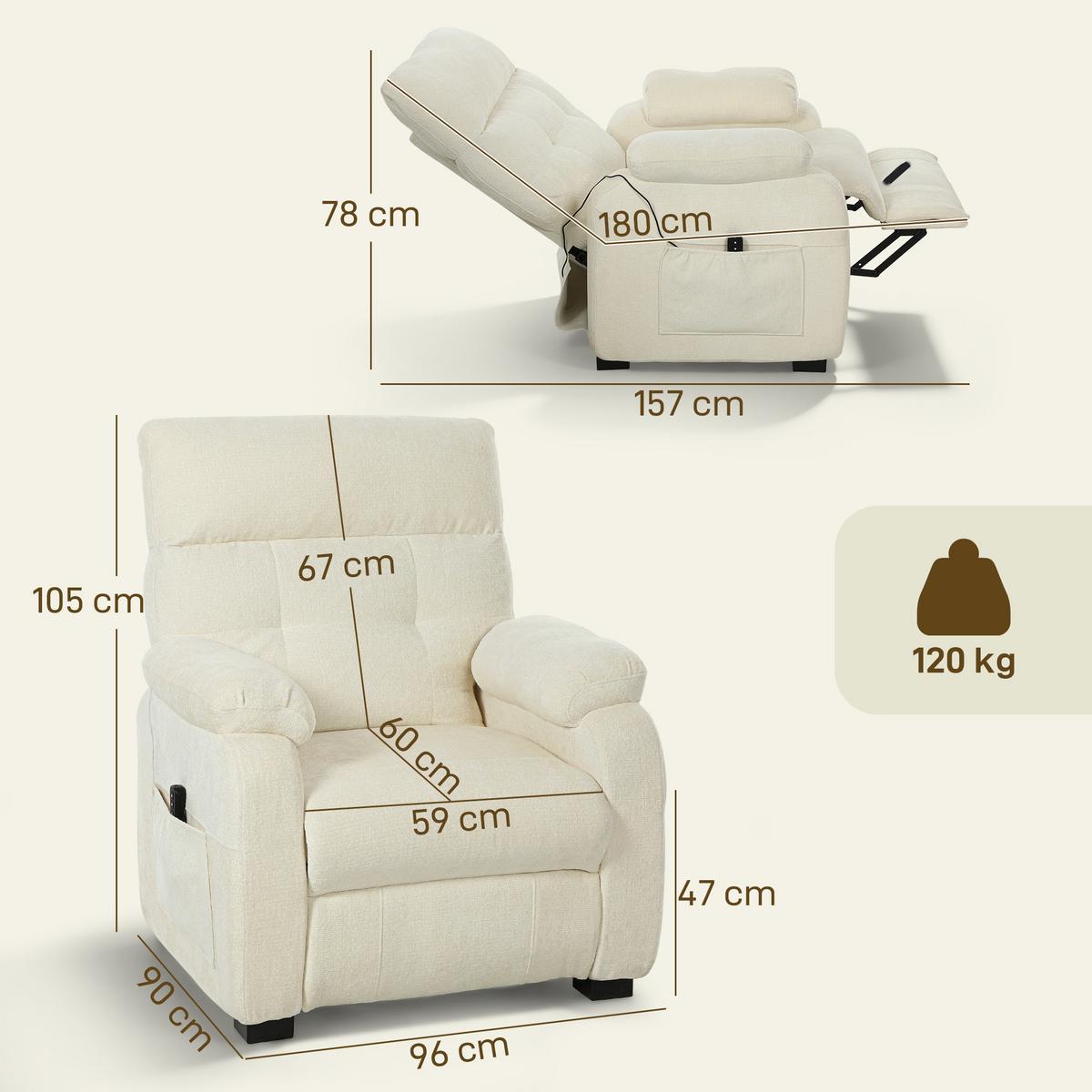 ELEKTRISCHER-RELAXSESSEL Samt 100 Prozent Polyester Metall Weiß - Schwarz/Weiß, Textil/Metall (90/105/96cm) - HOMCOM
