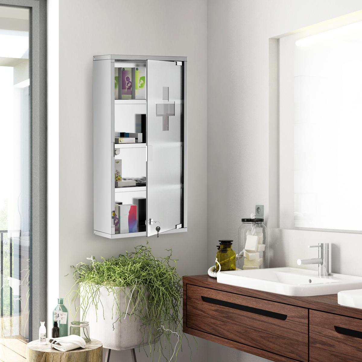 MEDIZINSCHRANK Arzneischrank Erste Hilfe mit Schloss Edelstahl 30 x 12 x 60 cm - Silberfarben, Glas (12/60/30cm) - HOMCOM