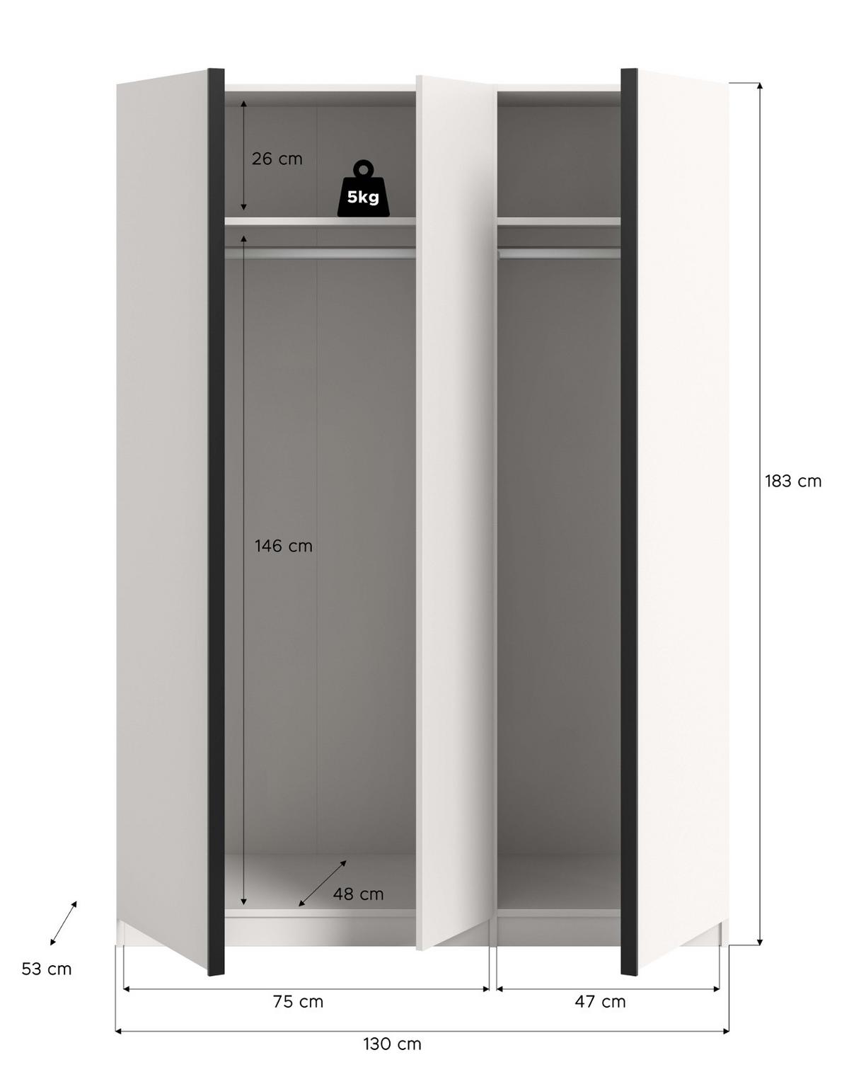 KLEIDERSCHRANK weiß 3-türig 130 x 183 cm, Drehtürenschrank inklusive Einlegeböden - Schwarz/Weiß, Holzwerkstoff/Kunststoff (130/183/53cm) - Inn.Furn