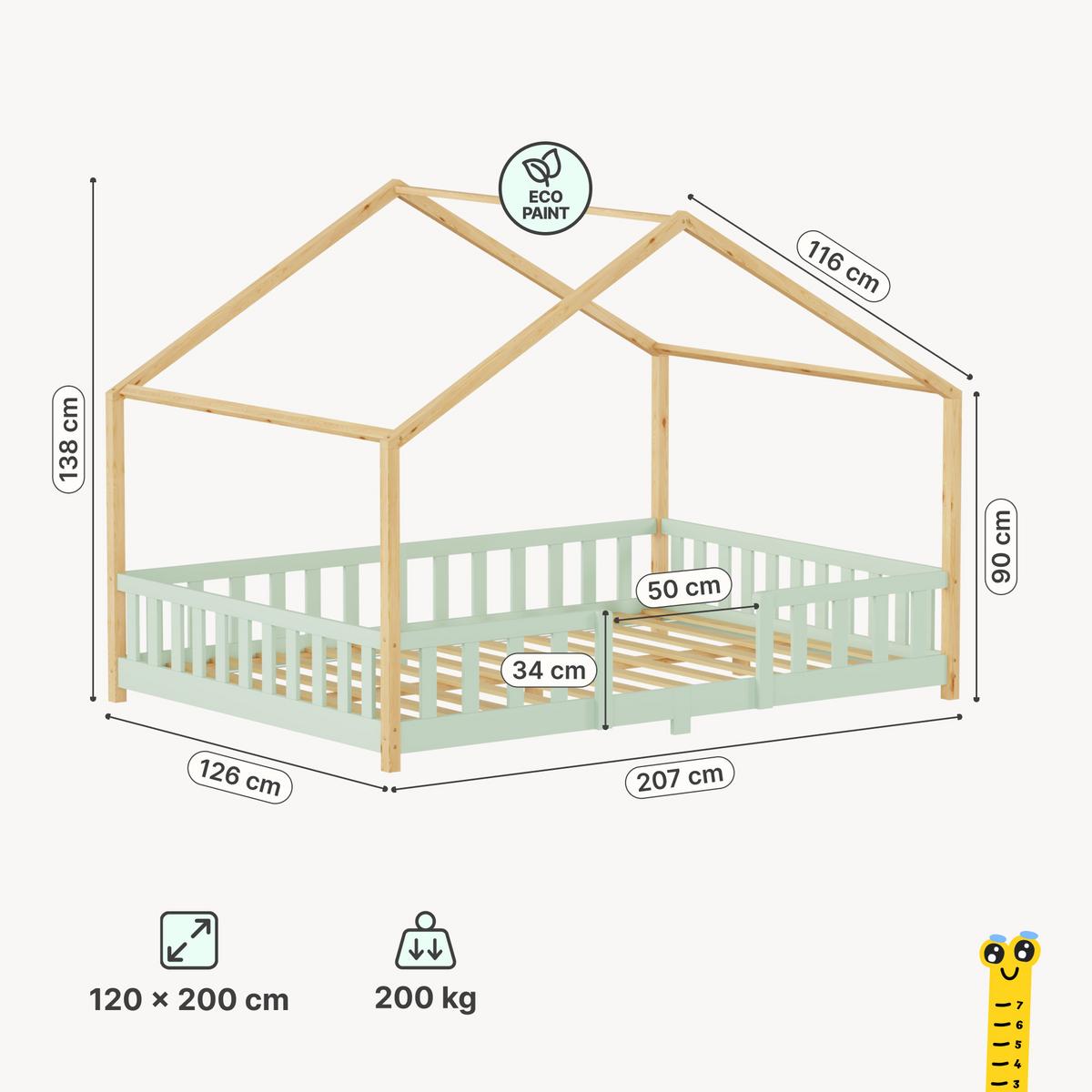 HAUSBETT Treviolo - Naturfarben/Mintgrün, Holz (120/200cm) - [en.casa]