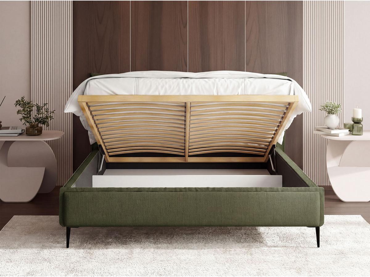 POLSTERBETT Pillow Rise mit Bettkasten, Lattenrost & hohen Metallfüßen in Grün Chenille 200x200 cm - Birkefarben/Schwarz, Holz/Holzwerkstoff (200/200cm) - WFL GROUP