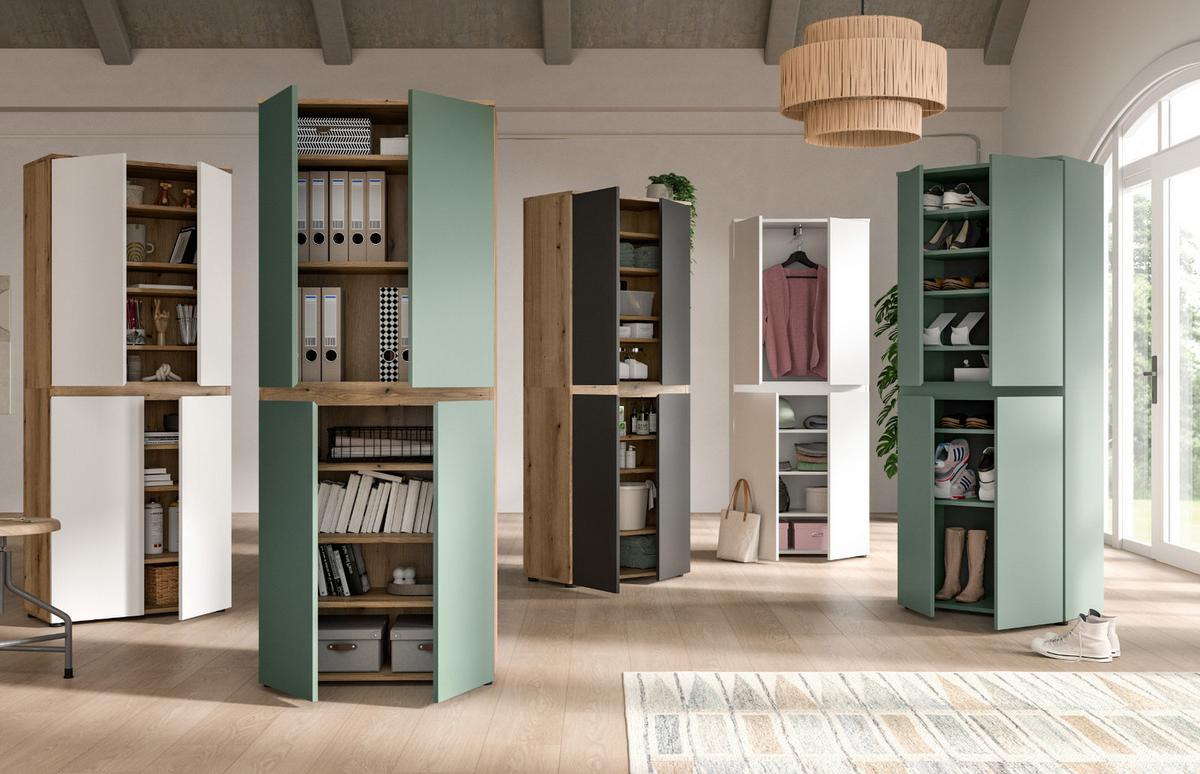 MEHRZWECKSCHRANK grün, Evoke Eiche 70 x 175 cm, Stauraumschrank 4-türig mit 9 Fächern - Eichefarben/Schwarz, Holzwerkstoff/Kunststoff (70/175/37cm) - Inn.Furn