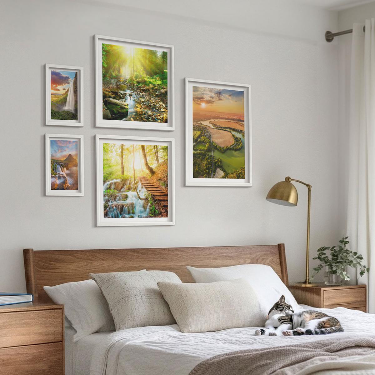 BILDER SET 5er Set - 50x50 cm & 20x30 cm & 40x60 cm Weißer Rahmen - Orange Mountain Wasserfall - Weiß, Kunststoff (40/60cm) - TULUP