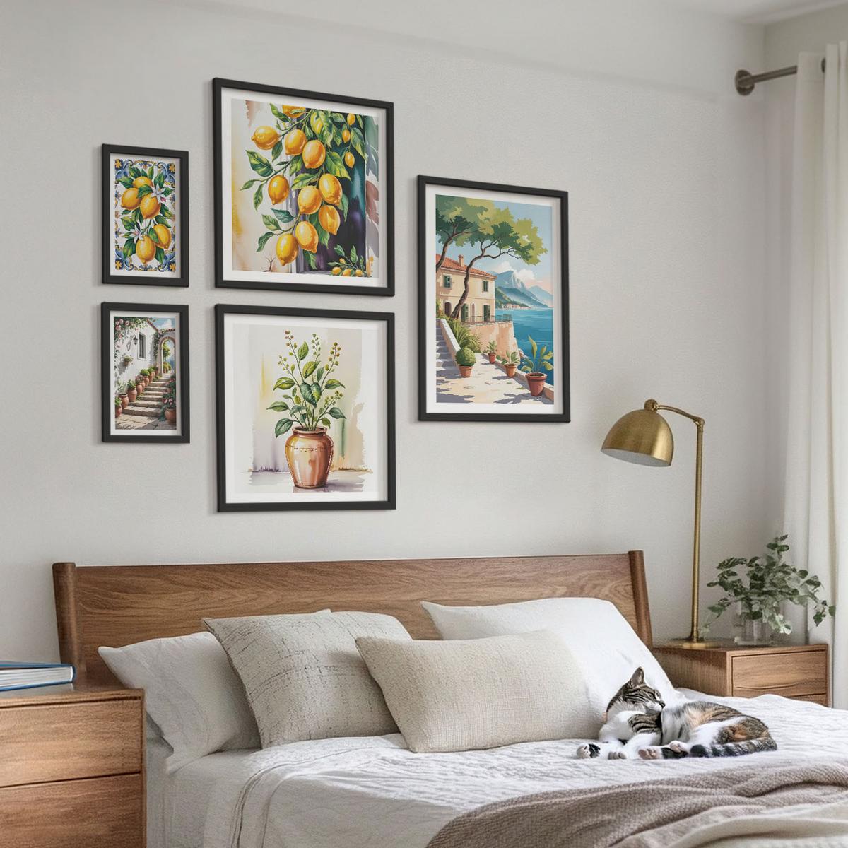 BILDER SET 5er Set - 50x50 cm & 20x30 cm & 40x60 cm Schwarzer Rahmen - Zitrusbaum im Fenster am Meer - Schwarz, Kunststoff (40/60cm) - TULUP