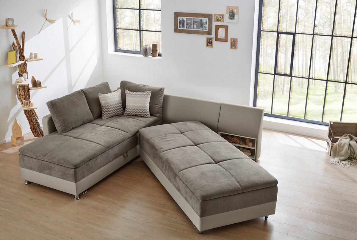 ECKSOFA-DAUERSCHLÄFER Doppelbett Boxspring Federkern Topper, Schwenkteil rechts B306/T223/H95 cm, Kunstleder Beige+Mikrofaser Graubraun / 15102 - Chromfarben/Graubraun, Kunststoff/Textil (306/223cm) - luma-home