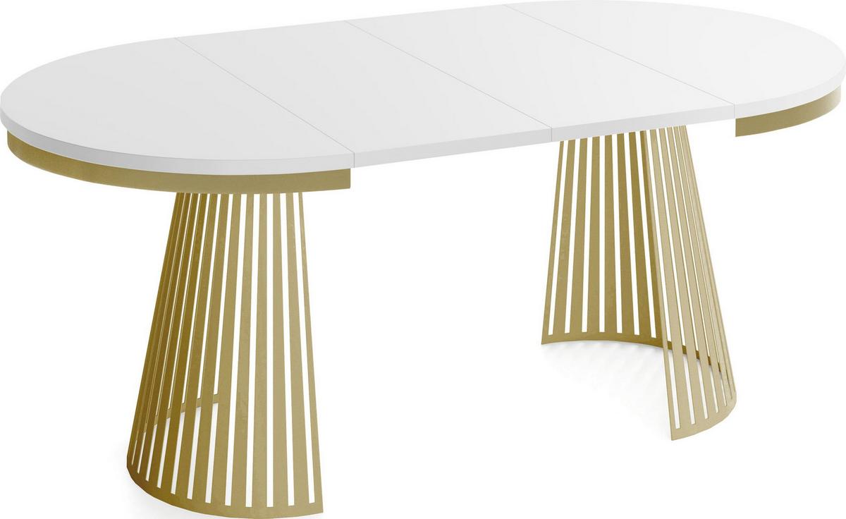 ESSTISCH Naro rund ausziehbar mit Goldem Lamellen-Metallgestell, Weiß 100-180/100/76 cm - Goldfarben/Weiß, Holzwerkstoff/Metall (100/180/76cm) - WFL GROUP