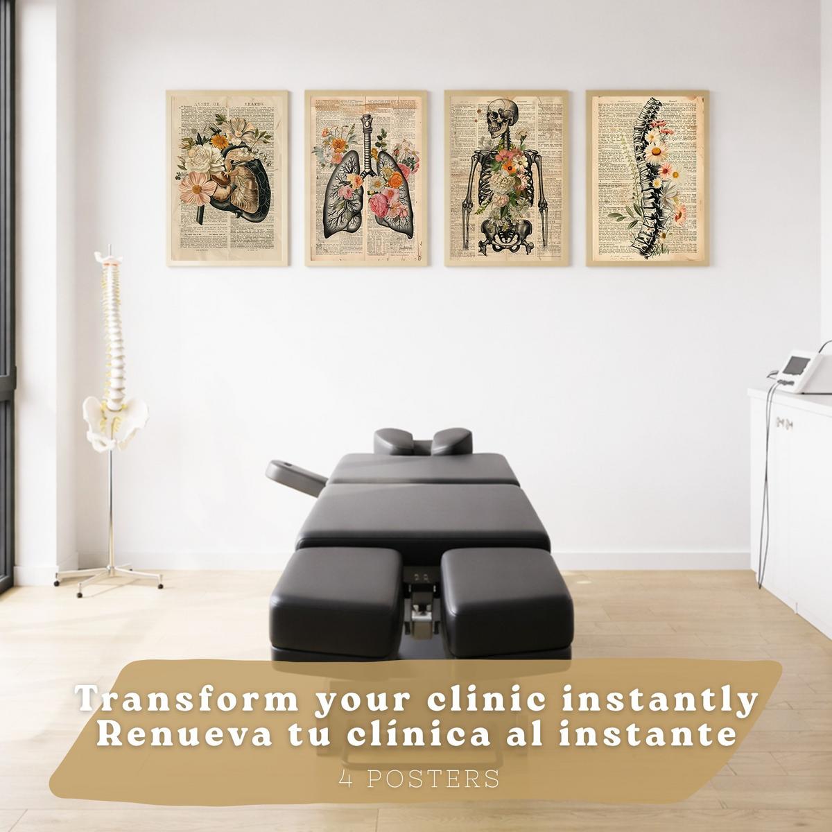 POSTER Set aus 4 Anatomie Drucke und Wandbilder mit Leber Lungen Atmungssystem Skelett Schädel Wirbelsäule Zeitungsstil Größe Leichter Holzrahmen A3 - Beige, Papier (29.7/42/3cm) - Nacnic