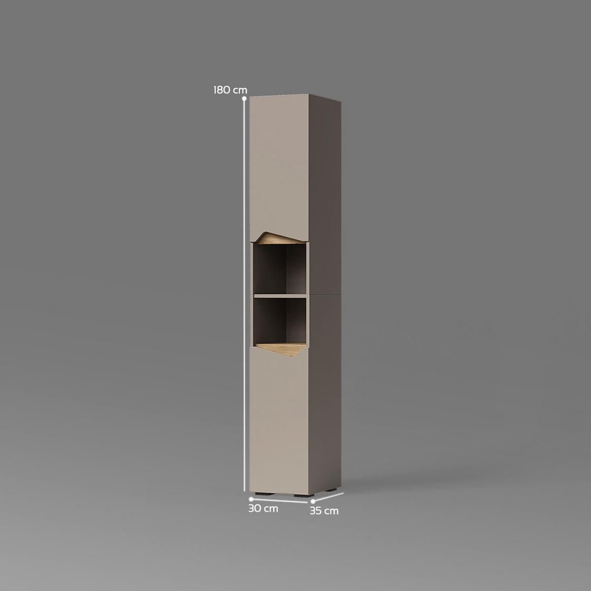 BADSCHRANK Timavo Greige 30 x 180 cm mit Türen, und offenen Fächern - Greige, Holzwerkstoff (30/180/35cm) - Livinity®