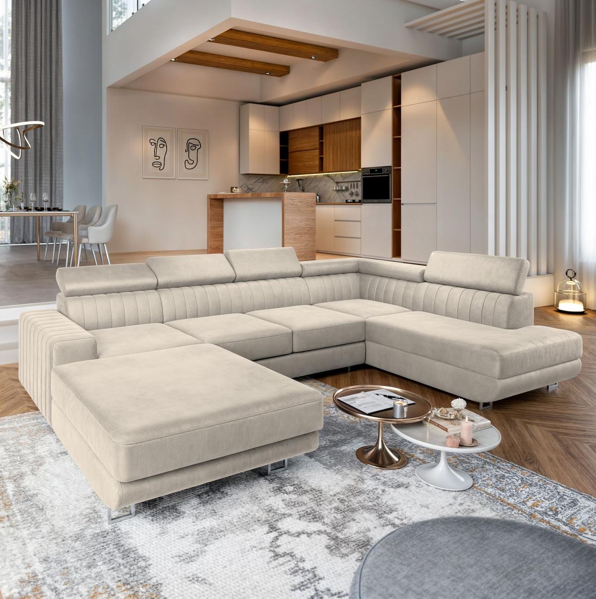 WOHNLANDSCHAFT SIENA R-S Creme Velours-Stoff mit Schlaffunktion - Silberfarben/Creme, Holz/Textil (335/89/190cm) - MASSENO