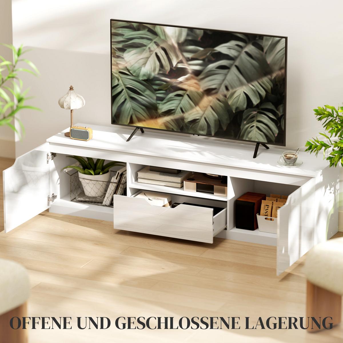 HOCHGLANZ TV-Lowboard für Fernseher bis 65 Zoll, 3 Fächer, Schublade, Weiß - Weiß Hochglanz/Weiß, Holzwerkstoff (38/43/160cm) - HOMCOM