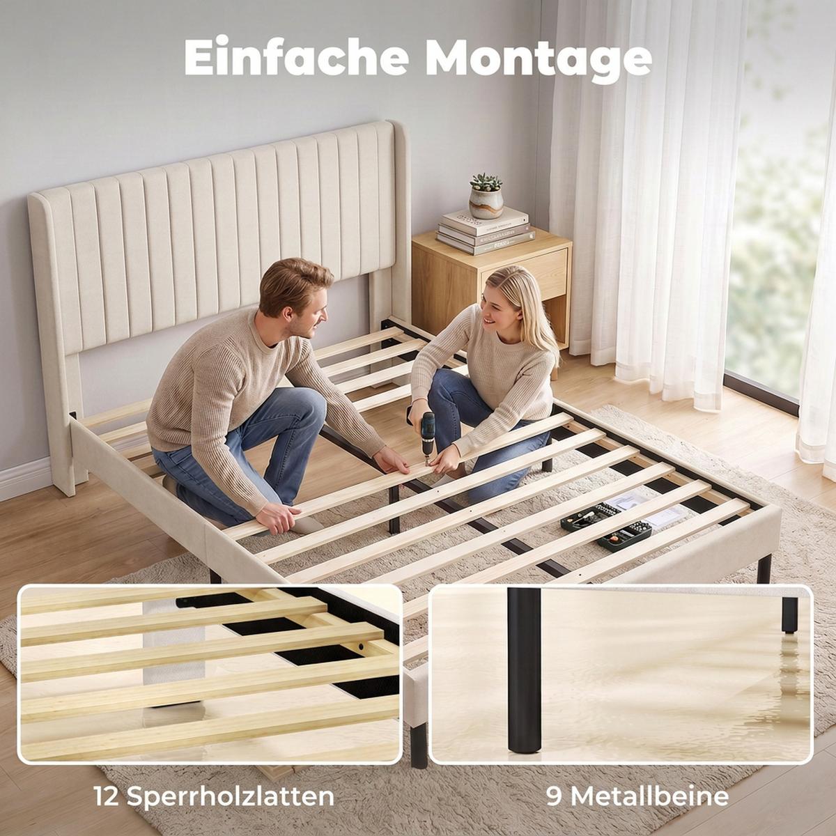 BETTGESTELL Holland-Samt Beige - Beige/Schwarz, Holzwerkstoff/Kunststoff (140/200cm) - HOMCOM