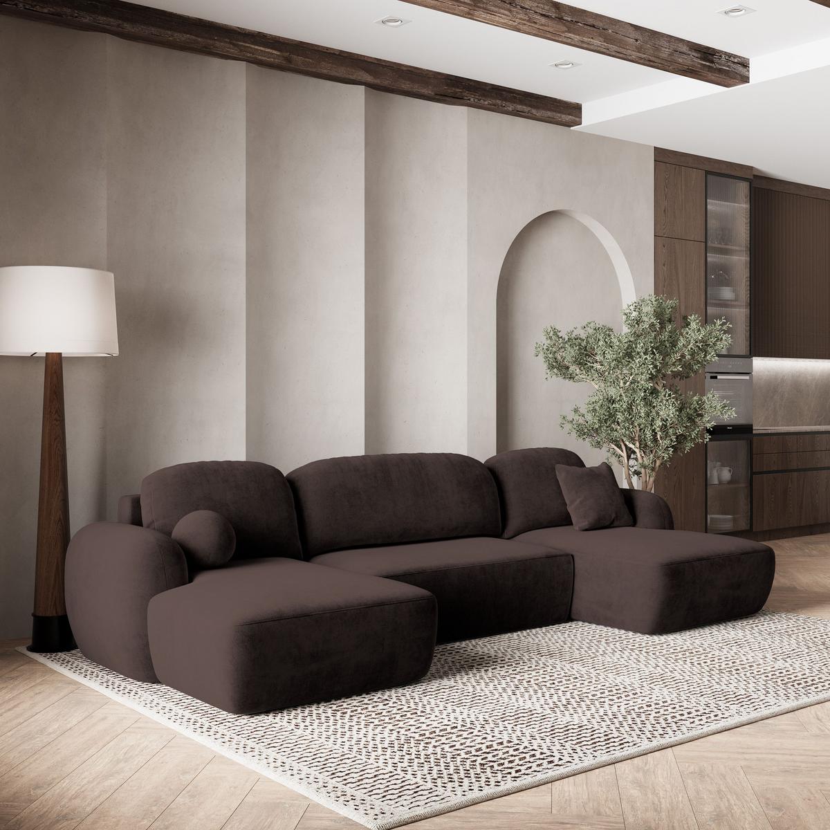 WOHNLANDSCHAFT SAVONA K Braun Plüsch-Stoff mit Schlaffunktion - Schwarz/Braun, Holz/Kunststoff (320/90/148cm) - MASSENO