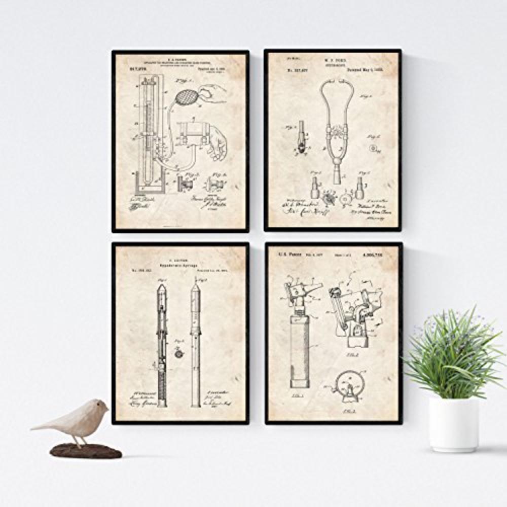 POSTER Set mit 4 Jahrgang medizinischen Geräten PATENT A4 Schwarzer Rahmen - Schwarz, Papier (29.7/3cm) - Nacnic